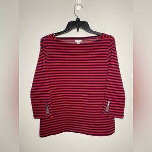 Croft & Barrow Women's Navy and Red Striped crew neck Long zip Sleeve Tee
